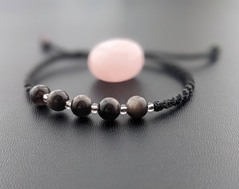 Bracelet macramé noir perles obsidienne argent,fait main,  ajustable. Bijou unique et élégant pour femme , idéal comme cadeau, port inclus.
