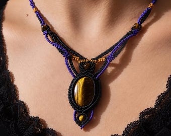 Macrame necklace with tiger's eye gemstone, black, purple, and orange threads, handmade, adjustable, unique creation, protective stone