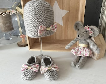 Pack bonnet et chaussons laine brume et Liberty Eloïse Classic