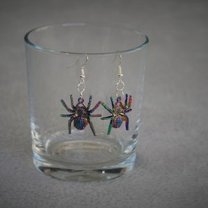 Halloween Rainbow Spider dangle drop earrings, Novelty Scary Joke jewellery, Funny Prank jewelry, Cute pendant - great gift