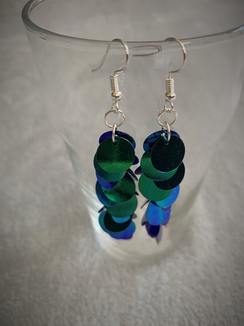 Sequin dangle drop earrings \u2013 Multi Coloured Glam costume jewellery great birthday gift Statement pendant Sparkle Shine Bright jewelry