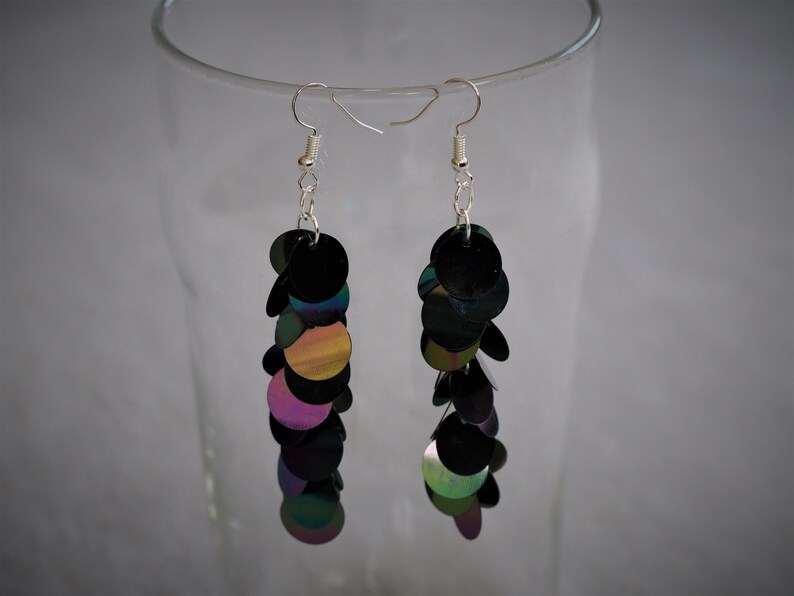 Sequin dangle drop earrings \u2013 Multi Coloured Glam costume jewellery great birthday gift Statement pendant Sparkle Shine Bright jewelry