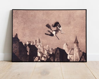 William Mortensen, Off to the Sabbath, Flying Witch Art Print, Dark Gothic Wall Art, Witch on a Broom Print, DIGITAL DOWNLOAD