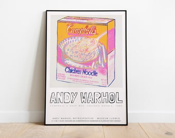 Andy Warhol Art Exhibition Poster, Campell Chicken Soup Box, Warhol Pink Pop Art Print, Colorful Food Wall Print | DIGITAL DOWNLOAD