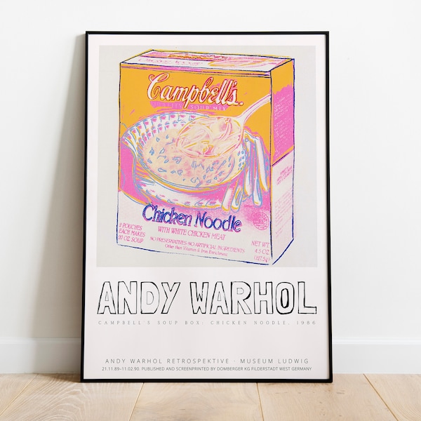 Andy Warhol Art Exhibition Poster, Campell Chicken Soup Box, Warhol Pink Pop Art Print, Colorful Food Wall Print | TÉLÉCHARGEMENT NUMÉRIQUE