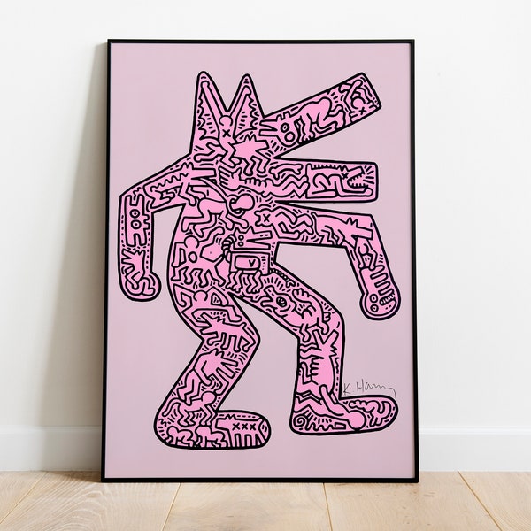 Keith Haring Dog Poster, Keith Haring Pink UFO Print, Pop Art, Street Art, Graffiti Wall Art, DIGITAL DOWNLOAD