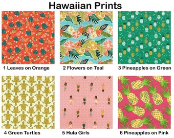 May include: Six different Hawaiian-themed fabric prints. The prints feature leaves on orange, flowers on teal, pineapples on green, green turtles on yellow, hula girls on pink, and pineapples on pink.