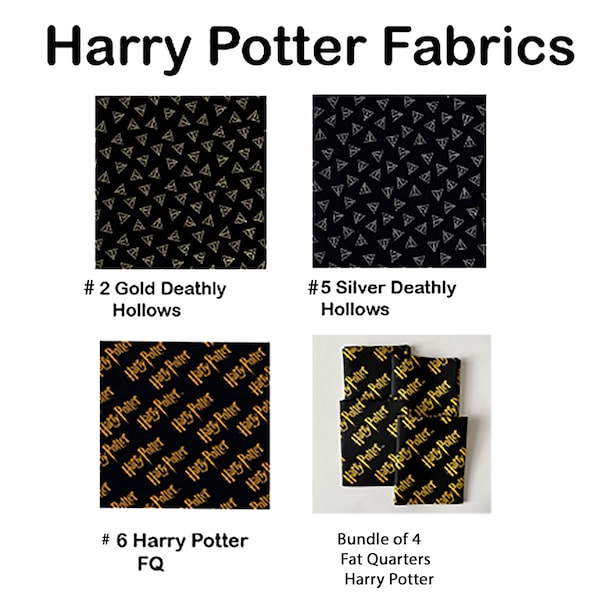 REDUCED  Harry Potter Cotton Fabrics Sold by the FQ or 1/4 yard-quantity of 4 = 1 Continuous yard-HP Name Fat Quarter Bundle Clearance Price