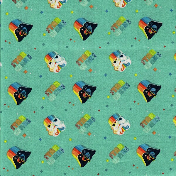 REDUCED 1 yd Star Wars Rainbow Darth Vader Helmet on Teal Retro Cotton fabric Sold by the Continuous yard Remnant also available