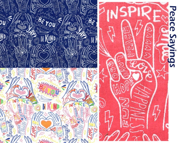 1 1/2 yd Peace Sayings on Blue or Pink Quilt Cotton Fabric Sold by the yard & 1/3 yard 9"x43" Quantity of 3=1 continuous yard  1 yd options