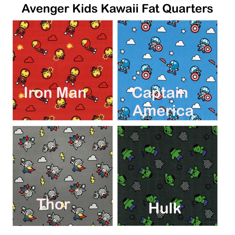 May include: Four fabric squares with different patterns featuring characters from the Avengers. The squares are red with Iron Man, blue with Captain America, grey with Thor, and green with Hulk.