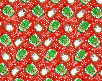 1/2 yd Hedgehogs & Owls Christmas Red Green Quilt Cotton Fabric Sold by the 1/4 yard Quantity of 4 = 1 Continuous Yard