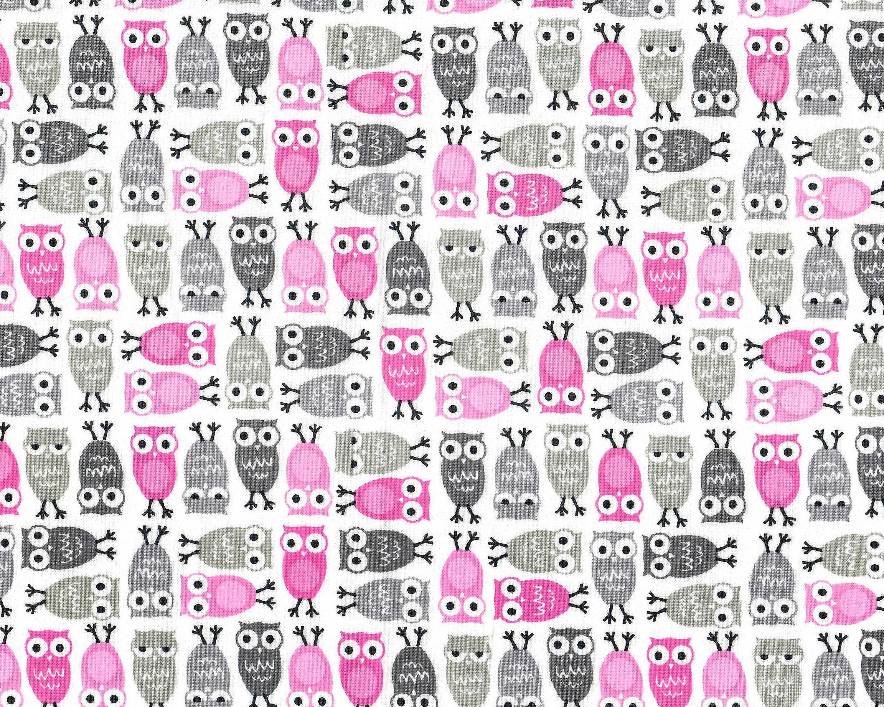 1/2 Yd Pink and Gray Owls on White Cotton Fabric Sold by the 1/2 Yard 18" x 43" Owls Measu