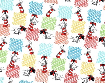 2 Yards CLEARANCE LAST Piece Dr. Seuss Cat in the Hat on White Cotton Fabric Sold by the Yard  Red Orange Green Blue Yellow Scribbles