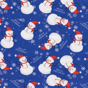 Snowmen with Snowflakes on Bright Blue Christmas Quilt Cotton Fabric Sold by the 1/4 yard-quantity of 4 = 1 continuous yard