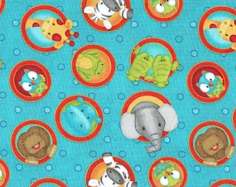 1 Yard Circles of Animals on Turquoise Cotton Fabric Sold by the Yard 2 yards available