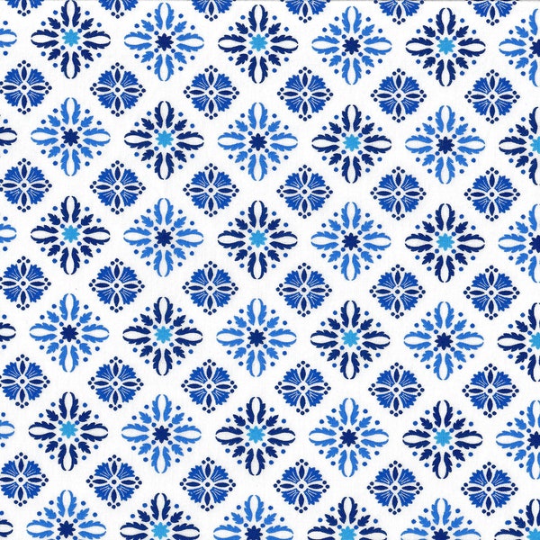 Blue Flower Burst Diamond Grid on White Quilt Cotton Sold by the 1/4 yard Quantity of 4 = 1 Yard