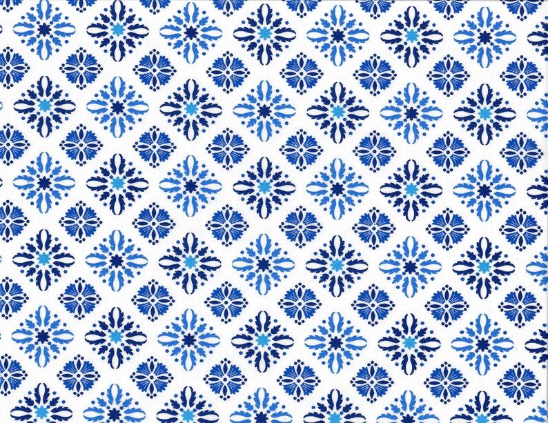 Blue Flower Burst Diamond Grid on White Quilt Cotton Sold by the 1/4 yard Quantity of 4 1 Yard image 1