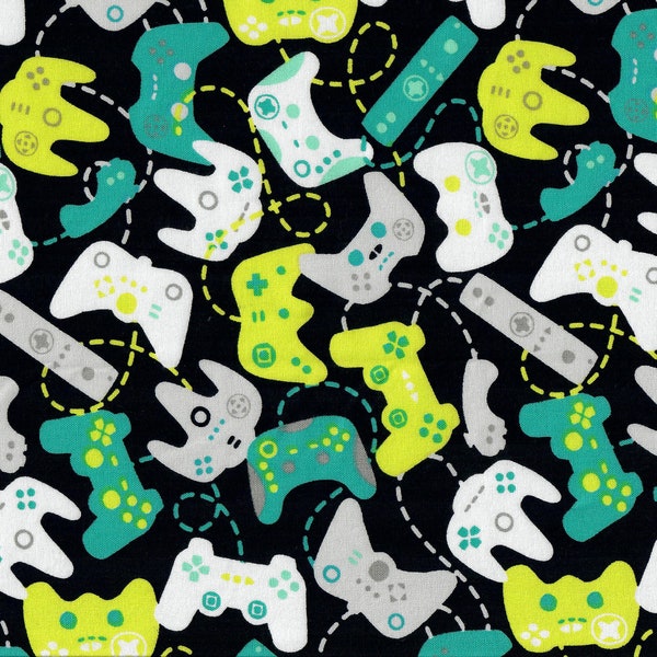 Video Game Controllers Teal green Cotton fabric Sold by the 1/4 yard-quantity of 4 = 1 pre cut yard