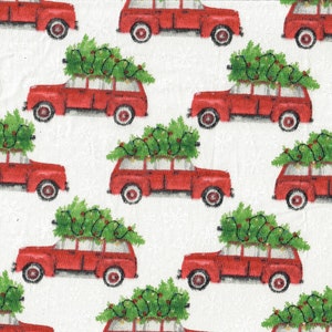 Last 1/2 yd Red Truck with Christmas Tree Snowflakes Watercolor Quilt Cotton fabric 1/2 yd 18&quot;x44&quot; last piece