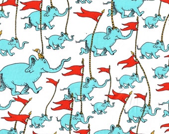 1 Yard Dr. Seuss Blue Horton on White Cotton Fabric Sold by the Yard 3 yards available Red Flags