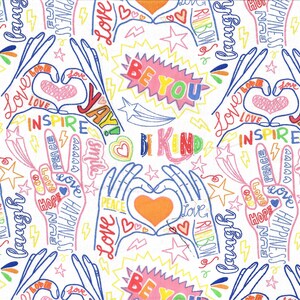 Może przedstawiać: Białe tło z kolorowymi, ręcznie rysowanymi ilustracjami dłoni tworzących znaki serca i pokoju. Słowa "love", "inspire", "be kind", "be you", "happiness", "peace", "smile", "rainbow", "laugh" i "yay" są napisane kolorowym, fantazyjnym fontem.