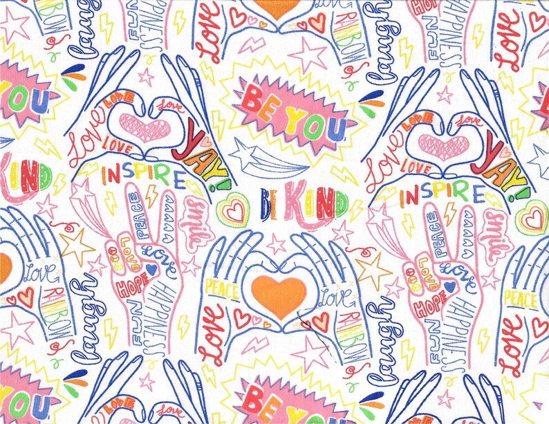 Może przedstawiać: Białe tło z kolorowymi, ręcznie rysowanymi ilustracjami dłoni tworzących znaki serca i pokoju. Słowa "love", "inspire", "be kind", "be you", "happiness", "peace", "smile", "rainbow", "laugh" i "yay" są napisane kolorowym, fantazyjnym fontem.