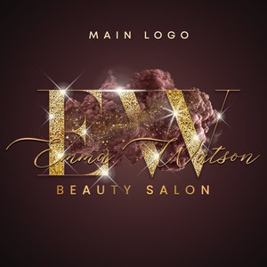 May include: Gold glitter letters "EW" with the text "Emma Watson Beauty Salon" below. The letters are set against a pink and gold background.