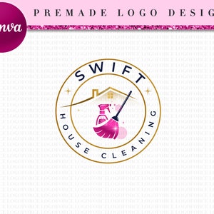 May include: Gold logo with a pink house and a pink cleaning brush with a spray bottle. The text reads "Swift House Cleaning" in a gold circle.