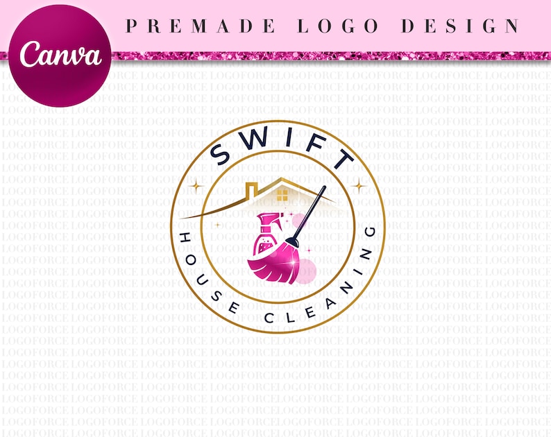 May include: Gold logo with a pink house and a pink cleaning brush with a spray bottle. The text reads "Swift House Cleaning" in a gold circle.