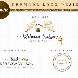 Real Estate Gold Logo Design, Luxury Key Home Logo,  Leaf House Logo Design, House Realtor Logo Template, Line Art Realtor Logo Canva RL24