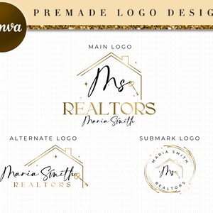 Peut inclure: Logo or en or pour un agent immobilier nommé Maria Smith. Le logo principal représente une maison stylisée avec une clé et le texte "Ms" en écriture cursive. Le logo alternatif est similaire mais inclut le nom complet "Maria Smith" et le texte "REALTORS". Le logo secondaire est un design circulaire avec le texte "Maria Smith REALTORS" et le logo "Ms".
