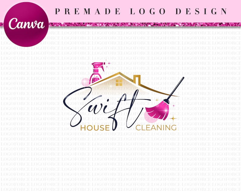 May include: Logo design for a house cleaning service called "Swift House Cleaning". The logo features a pink and gold house with a pink cleaning spray bottle, a pink broom, and the text "Swift House Cleaning" in a black script font.
