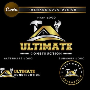 Puede incluir: Un diseño de logotipo para una empresa de construcción llamada "Ultimate Construction". El logotipo presenta una casa dorada con un techo plateado y dos herramientas, un martillo y una llave inglesa, en plata. El texto "Ultimate Construction" está en letras doradas con un subrayado plateado.