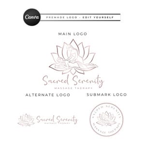 May include: A logo design for "Sacred Serenity Massage Therapy" featuring a lotus flower and figures. The design includes a main logo, alternate logo, and submark logo. The text "PREMADE LOGO - EDIT YOURSELF" is also present.