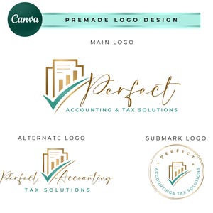 Könnte beinhalten: Logo-Design für ein Unternehmen namens "Perfect Accounting & Tax Solutions". Das Logo zeigt ein goldenes Gebäude-Symbol mit einem grünen Häkchen und das Wort "Perfect" in einer handschriftlichen Schrift.
