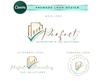 May include: Logo design for a business called "Perfect Accounting & Tax Solutions". The logo features a gold building icon with a green checkmark and the word "Perfect" in a handwritten font.