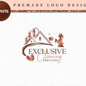 May include: A logo design for a cleaning service called "Exclusive Cleaning Services". The logo features a stylized image of a house with a woman holding a spray bottle, a broom, and stars. The logo is in a rose gold color.