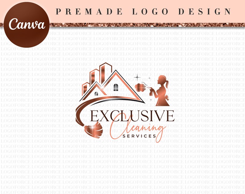 May include: A logo design for a cleaning service called "Exclusive Cleaning Services". The logo features a stylized image of a house with a woman holding a spray bottle, a broom, and stars. The logo is in a rose gold color.
