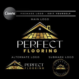 May include: Logo design for a flooring company called "Perfect Flooring". The logo features a stylized house with a gold tiled roof and the company name in white text.