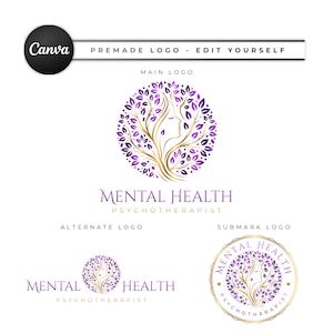 Op de afbeelding: Een logo-ontwerp met een boomachtige illustratie met een vrouwenprofiel, samengesteld uit paarse bladeren en gouden takken. De tekst "MENTAL HEALTH PSYCHOTHERAPIST" staat onder het hoofdlogo. Extra logo-variaties worden ook getoond.