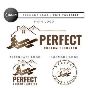 May include: Logo design for a flooring company called "Perfect Custom Flooring". The logo features a brown silhouette of a person installing flooring inside a house with the company name and tagline below.