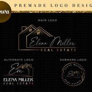 May include: A black and gold logo design for a real estate company called "Elena Miller Real Estate". The main logo features a stylized image of two houses with a gold outline and the company name in a handwritten font. The alternate logo features the initials "Em" in a handwritten font with a stylized image of a house. The submark logo features a circular design with the company name, initials, and a stylized image of a house.