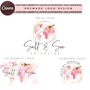 Op de afbeelding: Een logo-ontwerp voor een reisbedrijf genaamd "Salt & Sea Adventure". Het logo toont een roze aquarelwereldkaart met een gouden vliegtuig dat eroverheen vliegt. De tekst "Salt & Sea Adventure" is geschreven in een cursief lettertype onder de kaart.