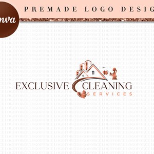 May include: A rose gold logo design for a cleaning service. The logo features a stylized house with a cleaning person holding a spray bottle and a cleaning cloth. The text "Exclusive Cleaning Services" is below the image.