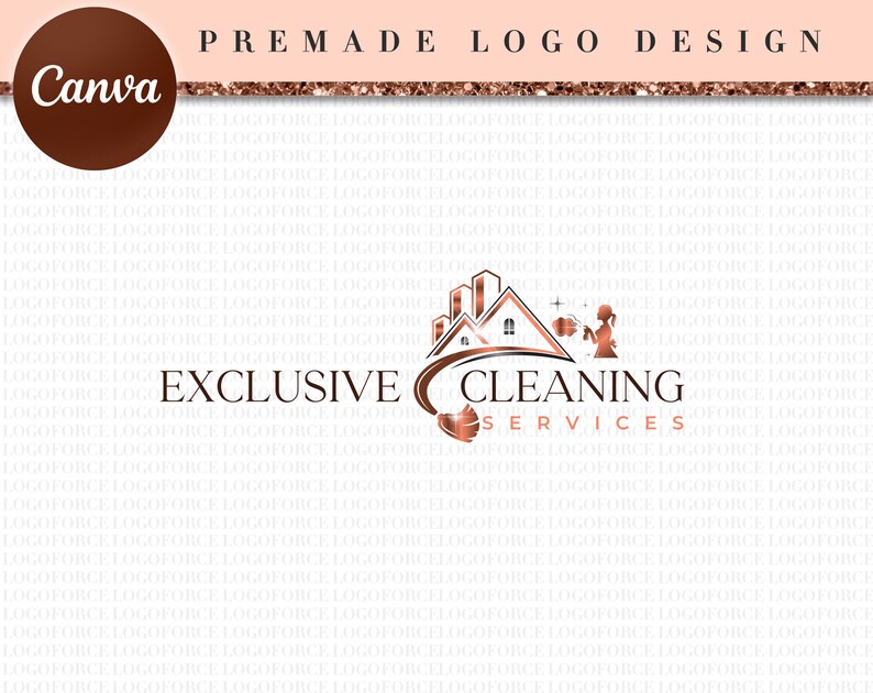 May include: A rose gold logo design for a cleaning service. The logo features a stylized house with a cleaning person holding a spray bottle and a cleaning cloth. The text "Exclusive Cleaning Services" is below the image.
