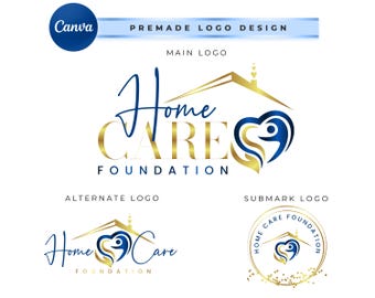 May include: A logo design for a home care foundation. The main logo features a gold house with a blue heart and the text "Home Cares Foundation". The alternate logo features a gold house with a blue heart and the text "Home Care Foundation". The submark logo features a gold circle with the text "Home Care Foundation" and a gold house with a blue heart.