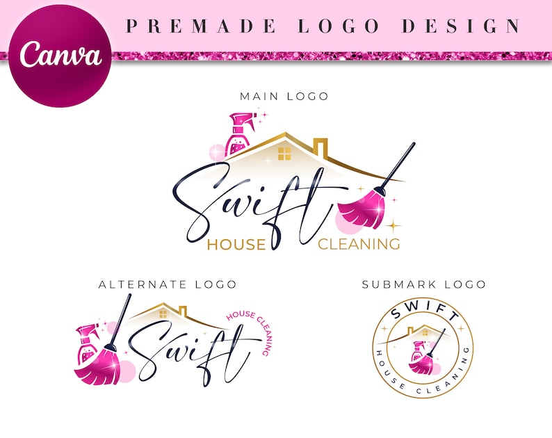 May include: A logo design for a house cleaning service called "Swift House Cleaning". The logo features a stylised house with a broom and cleaning spray, all in gold and pink.