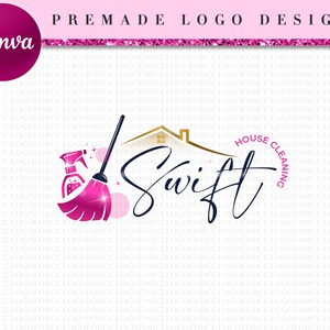 May include: A pink and gold logo design for a house cleaning service called "Swift House Cleaning". The logo features a pink broom with a spray bottle, a gold house, and the word "Swift" in a cursive font.