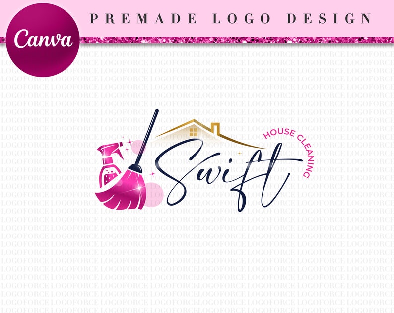 May include: A pink and gold logo design for a house cleaning service called "Swift House Cleaning". The logo features a pink broom with a spray bottle, a gold house, and the word "Swift" in a cursive font.